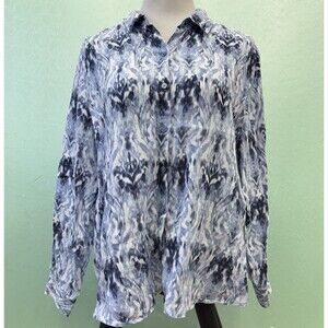 Kim Rogers Women 100% Linen Abstract Print Blue Lightweight XL Button Up Shirt